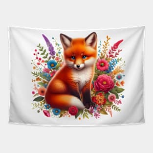 A red fox decorated with beautiful colorful flowers. Tapestry