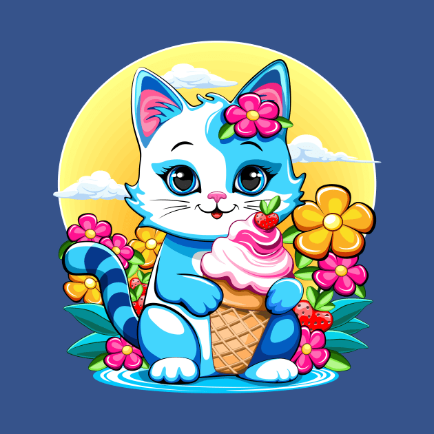 Kitty Cat Cute and happy Summer Cartoon Character with ice cream flowers and Strawberries by BluedarkArt