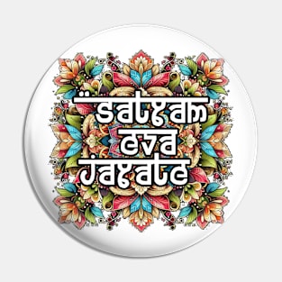 Satyam Eva Jayate: Multicolored Floral Mandala in Red, Green, Blue, Yellow, Orange, Purple, and Pink Pin