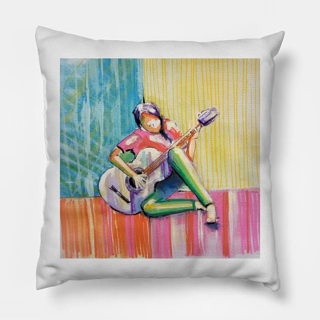 playing the guitar I'm happy Pillow by Marisa-ArtShop