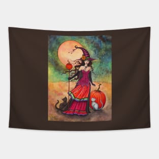 October Moon Witch and Cat Fantasy Art Illustration Tapestry