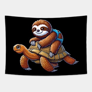 Cute Lazy Sloth Riding Tortoise Speed is Relative Tapestry