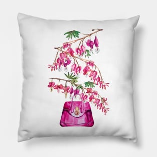 Pink Bleeding hearts leaning over pink bag, watercolor Pillow