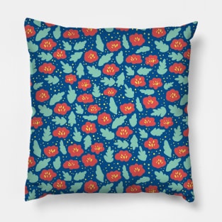 Ditsy Red Flowers on Blue Pillow