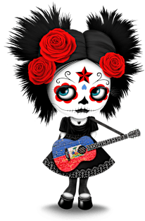 Sugar Skull Girl Playing Haitian Flag Guitar Magnet