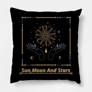 Spiritual Sun,Moon and Stars Hands Holding The Sun Design Pillow