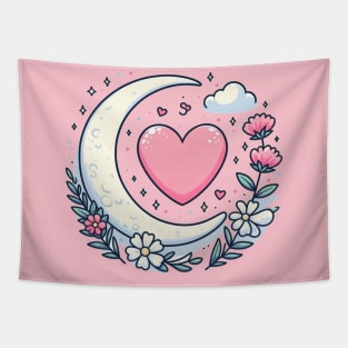 Moon, heart and flowers Tapestry