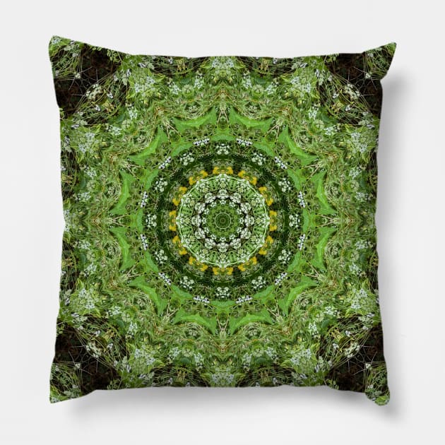 Mandala Kaleidoscope in Shades of Green and Brown Pillow by Crystal Butterfly Creations