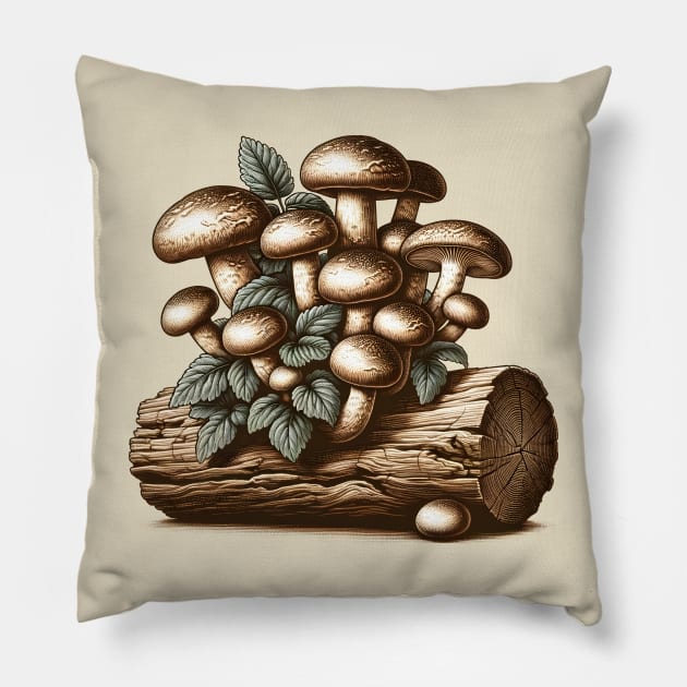 Shiitake Mushrooms on Fallen Tree: Vintage Cottage Core Pillow by The Tee Bizarre