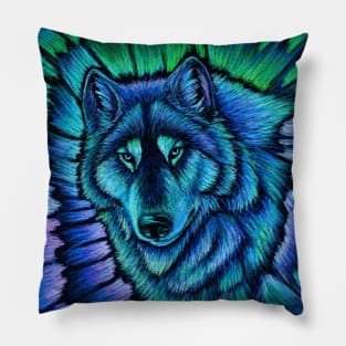 Colorful Wolf Aurora Pillow