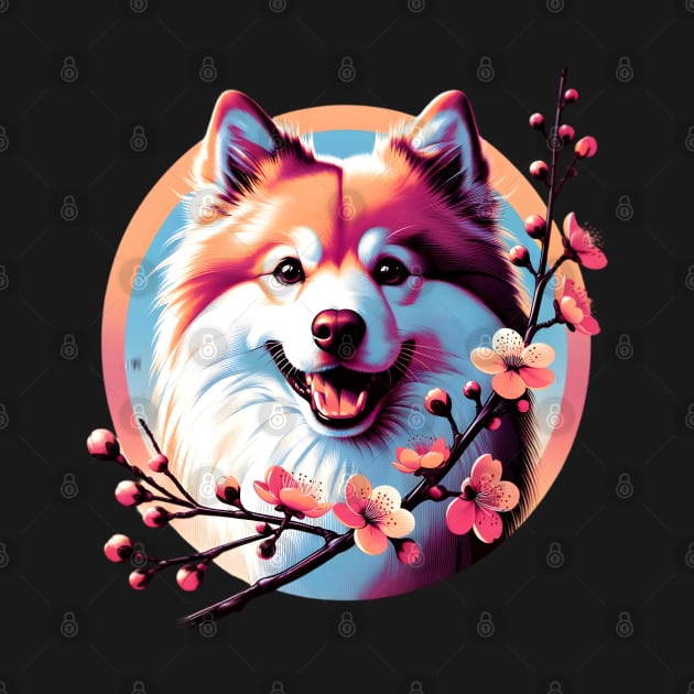 Joyful Finnish Spitz with Spring Cherry Blossoms by ArtRUs