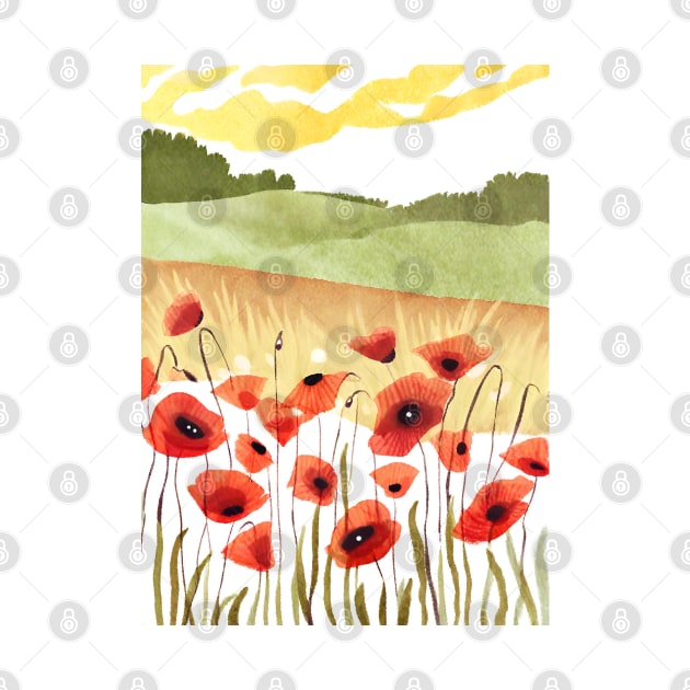 Abstract Watercolor Summer Field Poppies by FarmOfCuties