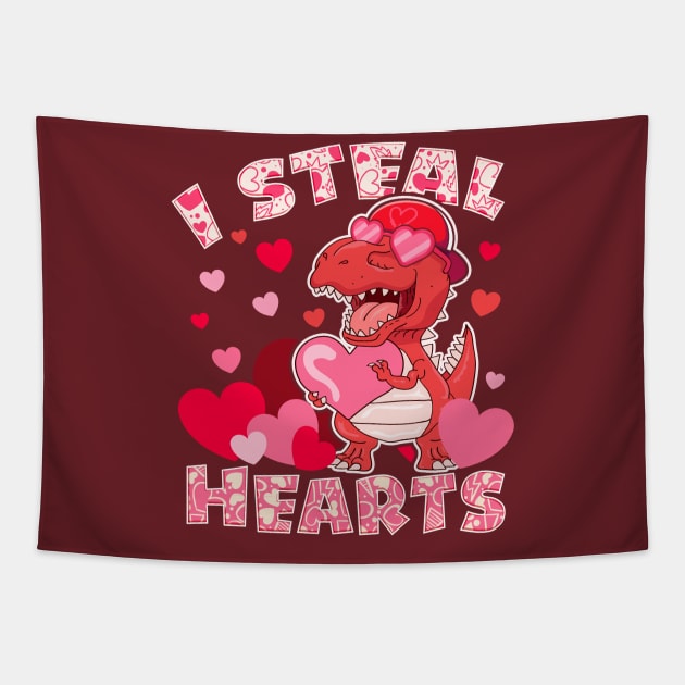 Boys Valentines Day  Dinosaur T rex Lover I Steal Hearts Tapestry by HannessyRin