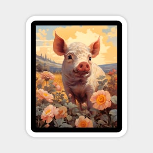 Retro Vintage Cute Pig in Field - Charming Artwork for Pig Lovers Magnet