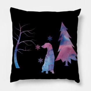 Deerhound Snowflakes Winter Forest Pillow