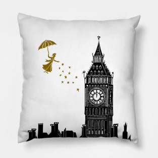 Mary Poppins and Big Ben Linocut in black and gold Pillow