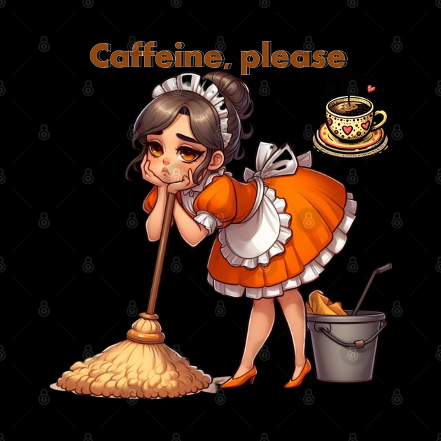 A drawing of a young woman cleaning the house and wanting a cup of coffee. by zinfulljourney