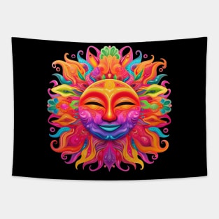 Sun with Smiling Face Psychedelic Colorful Art Tapestry