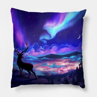 Deer Under Aurora Borealis Pillow