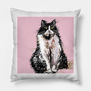 Tuxedo Cat Cute Drawing - on Pink Pillow