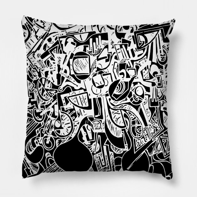 Abstract Ink Drawing #12 Black Pillow by MrBenny