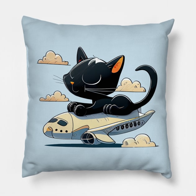 Funny Black Cat is Flying on the Plane Pillow by KOTOdesign