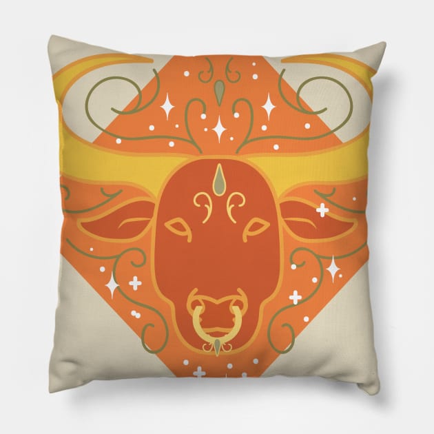 Taurus Bull (Orange) Pillow by VenusAndMoon