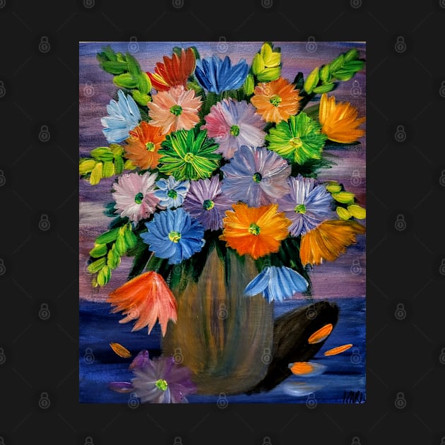 a beautiful bouquet of mixed flowers in a silver and turquoise and gold blend vase by kkartwork