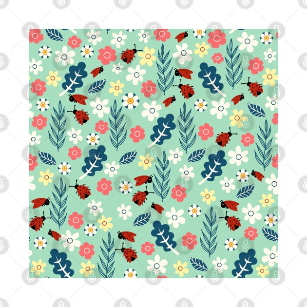 Spring meadow in bloom with ladybirds on green background by Arch4Design