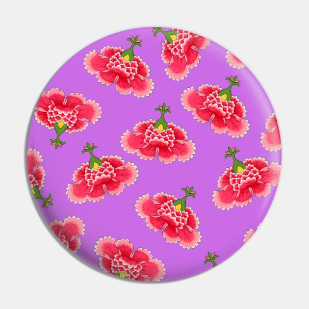 Chinese Vintage Pink and Red Flowers with Light Purple- Hong Kong Traditional Floral Pattern Pin by CRAFTY BITCH