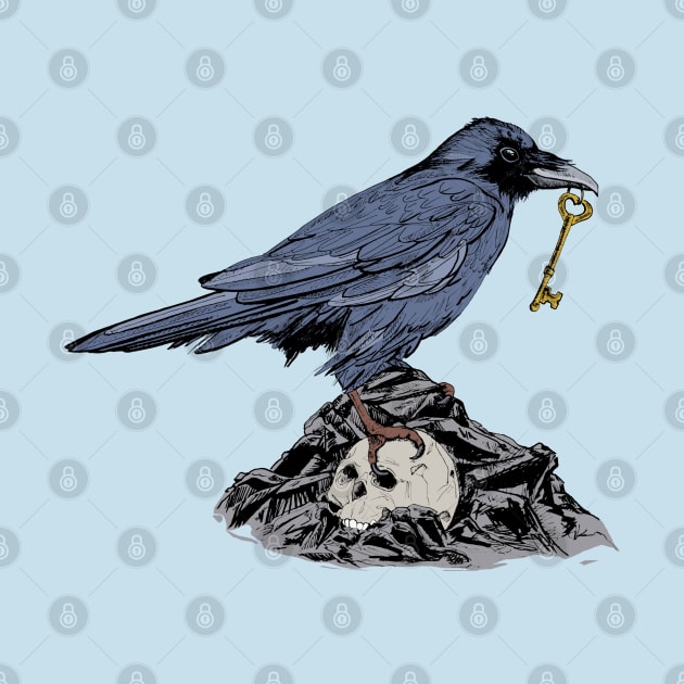 Raven with Golden Key on Rocks and Skull by NaturalDesign