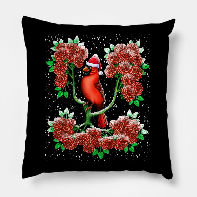 Red Cardinal bird in rose flowers  snow winter Christmas Pillow by Artardishop