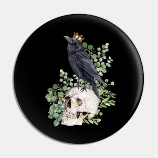 Black raven with skull and crow, skeleton eucaliptus leaves Pin