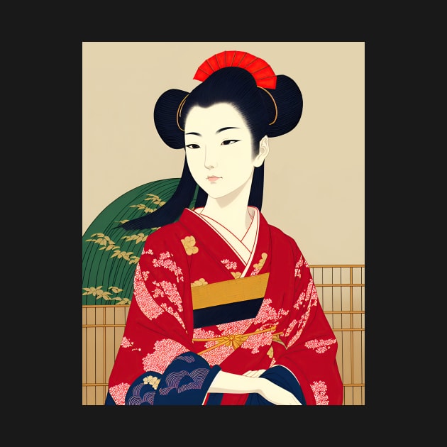 Ukiyo-e Japanese Art - Beautiful Woman Wearing a Red Kimono by allovervintage