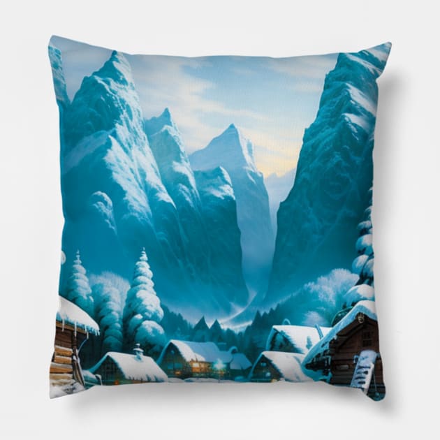 Winter Scene of Cabins in a Village Pillow by CursedContent