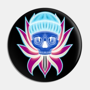 Blue and Pink Neon Skull with Hat in Lotus flower T-Shirt Pin