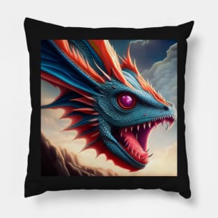 Long Necked Blue and Red Dragon with Purple Eyes Pillow