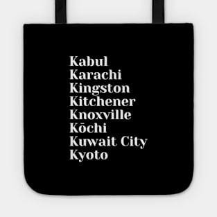 Cities start with the letter, K, Mug, Tote, Pin Tote