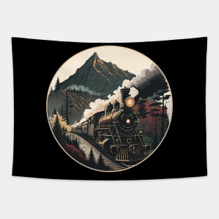 Steam train and mountain landscape vintage style locomotive design Tapestry