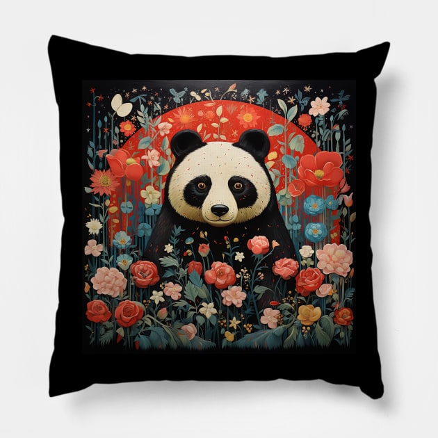 Surrealistic Folk Art Dark Floral Motif Panda Bear Design Pillow by The Little Store Of Magic