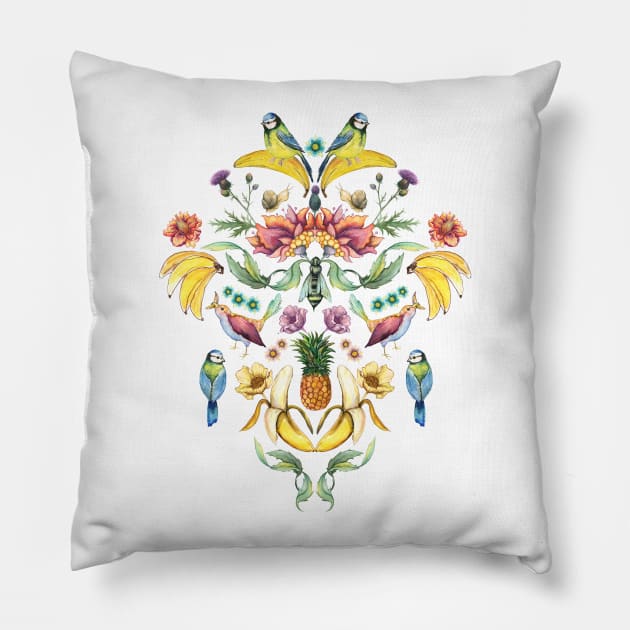 Jugend goes bananas - Bird and Fruit pattern Pillow by linnw