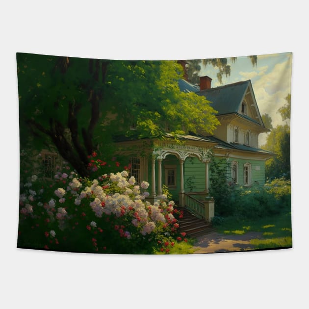 Traditional Russian House Estate in the Countryside Landscape Painting Room Decor Wall Art "Where the Granny Lives" Tapestry by The Fata Morgana
