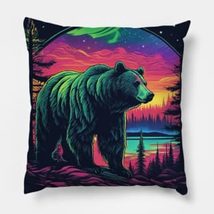 Brown Bear with Forest and Borealis, Colorful, Beautiful Pillow