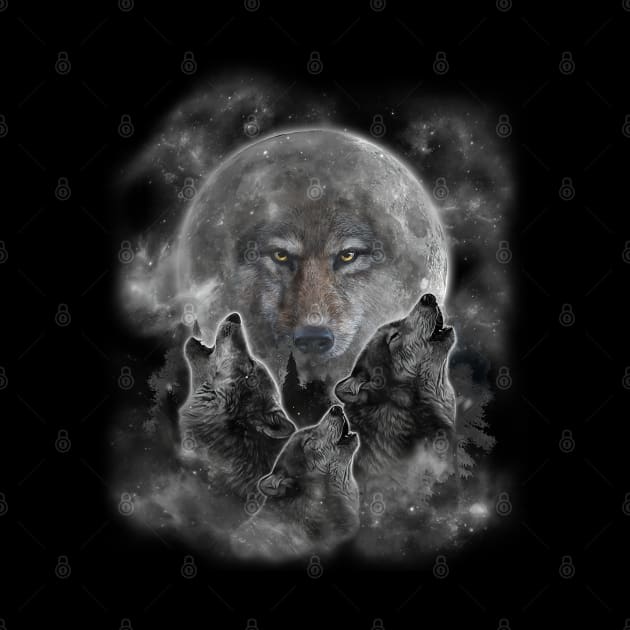 Three Wolves Howling - Full Moon with Wolf Silhouette by The Full Moon Shop