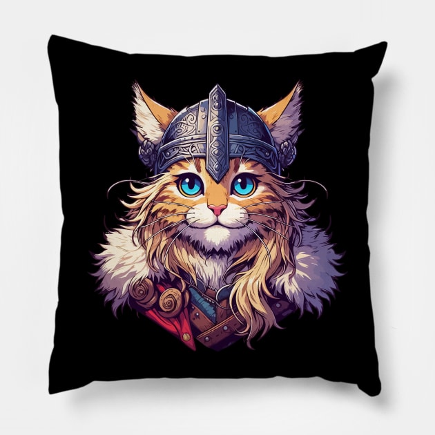 Cute Viking Warrior Cat Norse Mythology Anime Portrait Pillow by TomFrontierArt