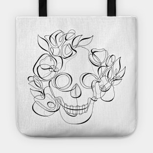 Minimalistic Continuous Line Skull with Poppies Tote