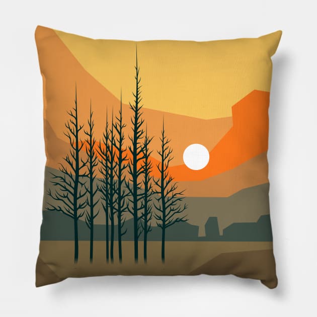 Stunning sunset behind trees in orange bright colors, minimalism style. Pillow by BumbleBambooPrints