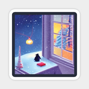 Introvert Christmas Baby Penguin Waiting For Santa Under Moonlight Magnet