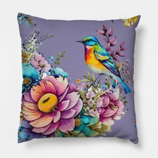 Colorful Songbirds and Flowers Pillow