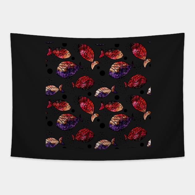 Watercolor Outer Space, Fish and Black Dots Tapestry by Cordata